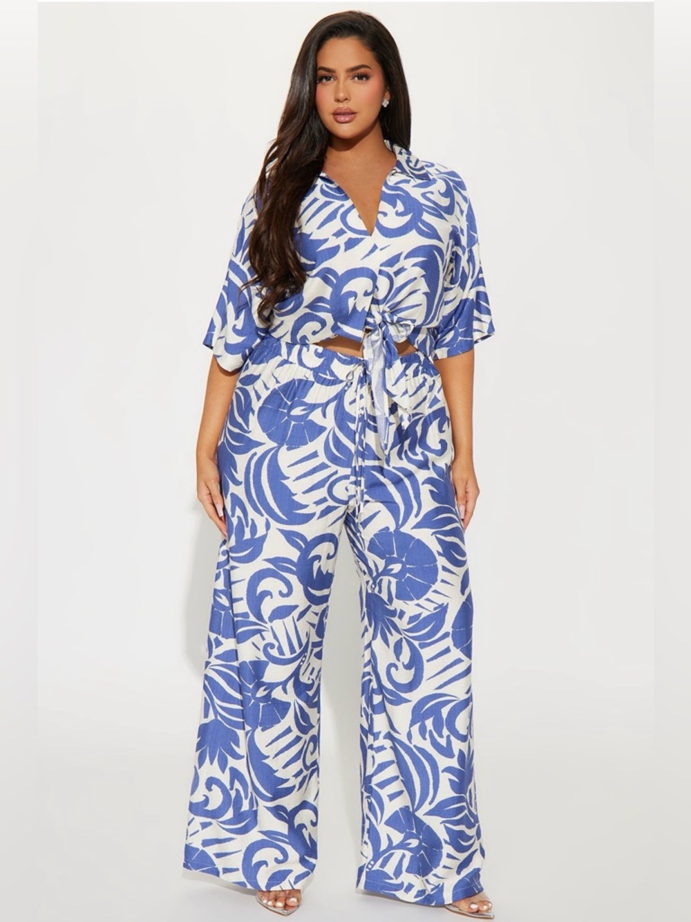 Fashion Nova Mykonos Linen Pant Set Blue & White Tropical Print Wide-Leg - 1X